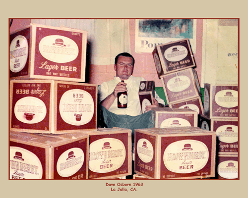 David Osborn sits between cases of Brown Derby Beer